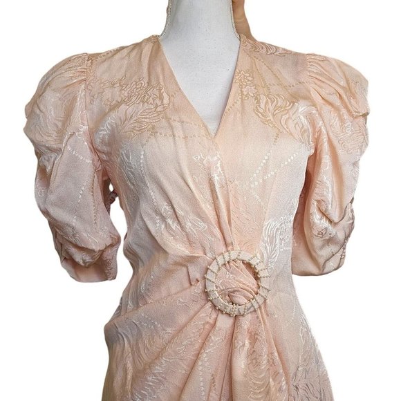 Vintage 80s Sz 4 Light Pink Floral Wrap Dress Gather Knee Length Puff Sleeve‎ - Picture 2 of 14